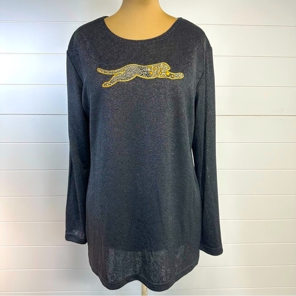 Vintage Albert Pearl 80s Black Animal Print Cheetah Top L Gold Graphic USA - Picture 1 of 7